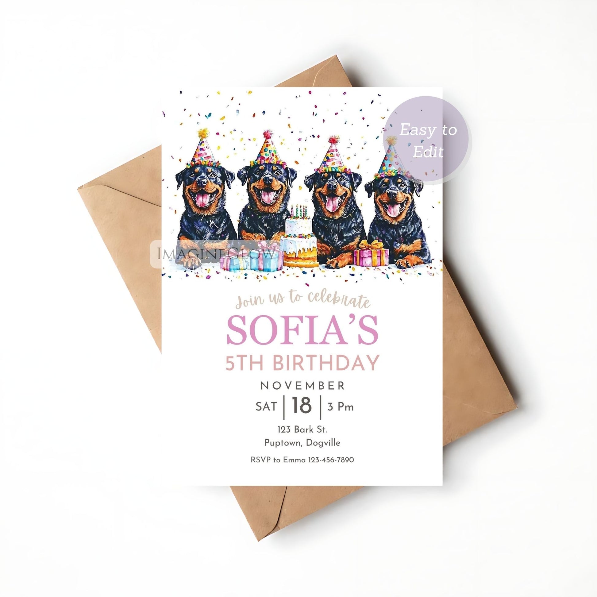 Birthday invitation card with four dogs wearing party hats and a cake, on a white background