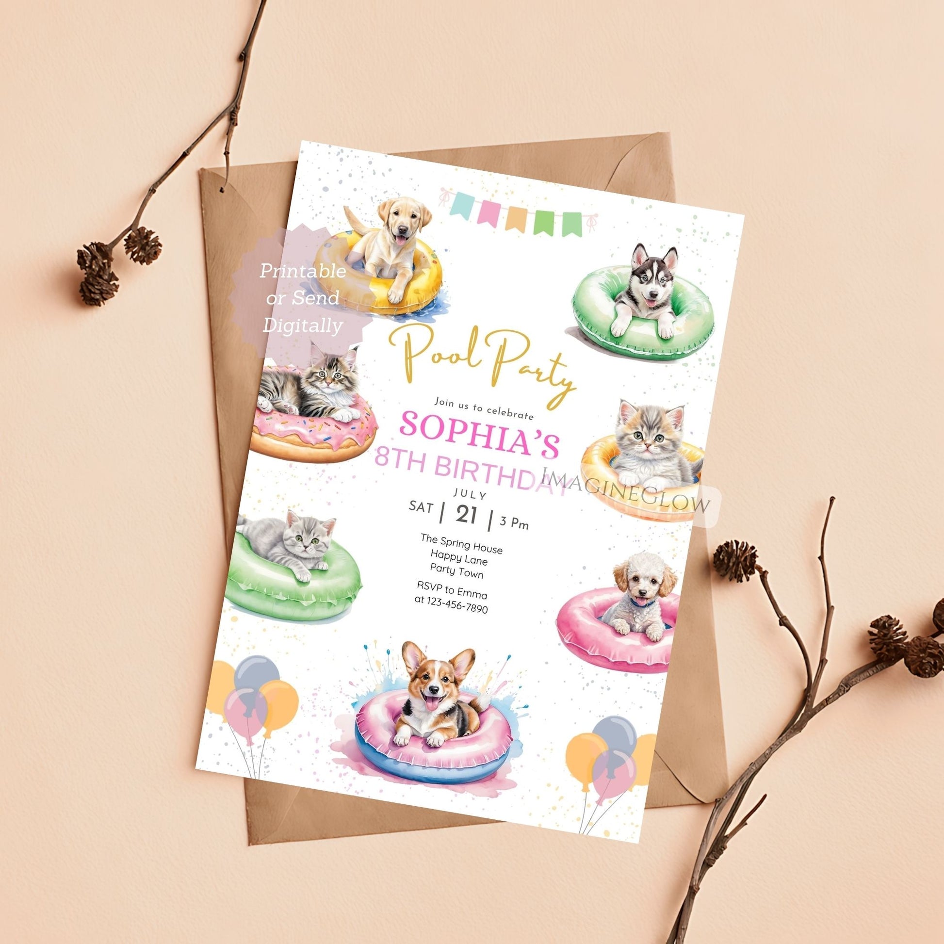 puppy and kitty pool party birthday invitation
summer tropical puppy and kitten birthday invite