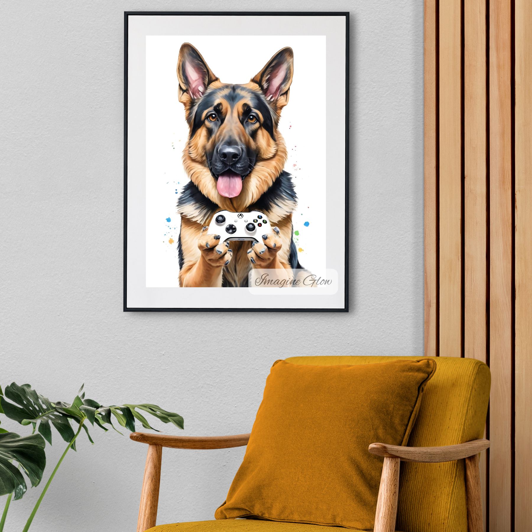 Gaming dog wall art featuring a German Shepherd for pet-friendly homes.