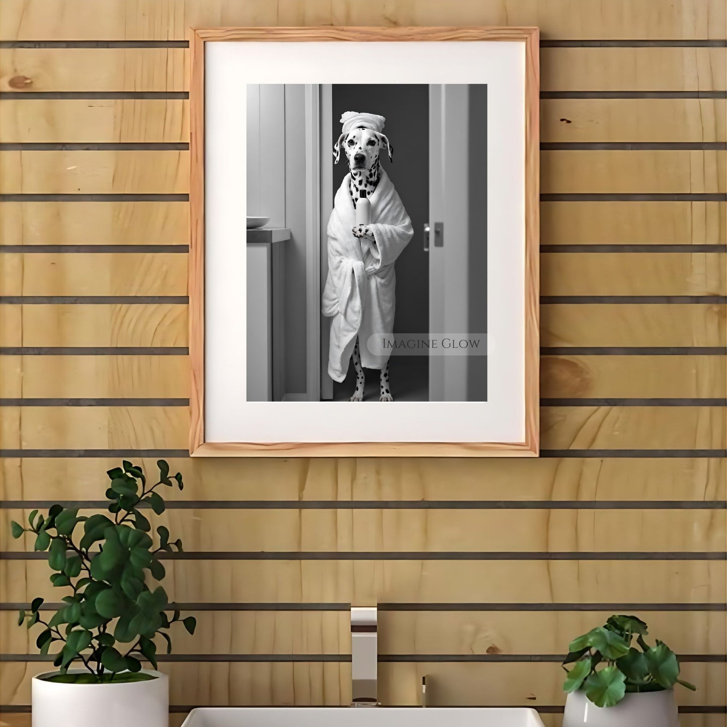 Black-and-white Dalmatian dog photo art for bathroom decor