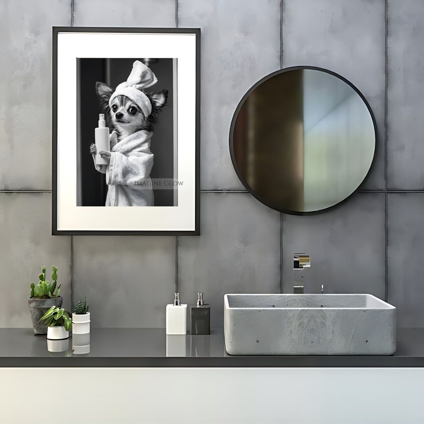 Papillon bathroom decor featuring a dog in a bathrobe