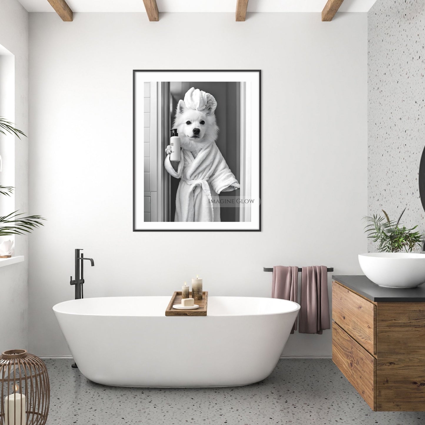 Black-and-white Samoyed wall art for bathrooms