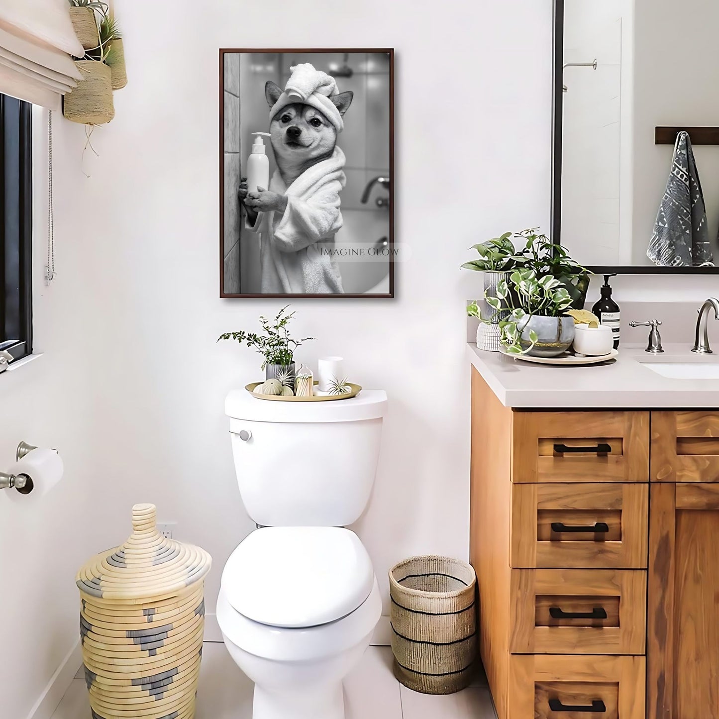 Monochrome Shiba Inu wall art for bathrooms