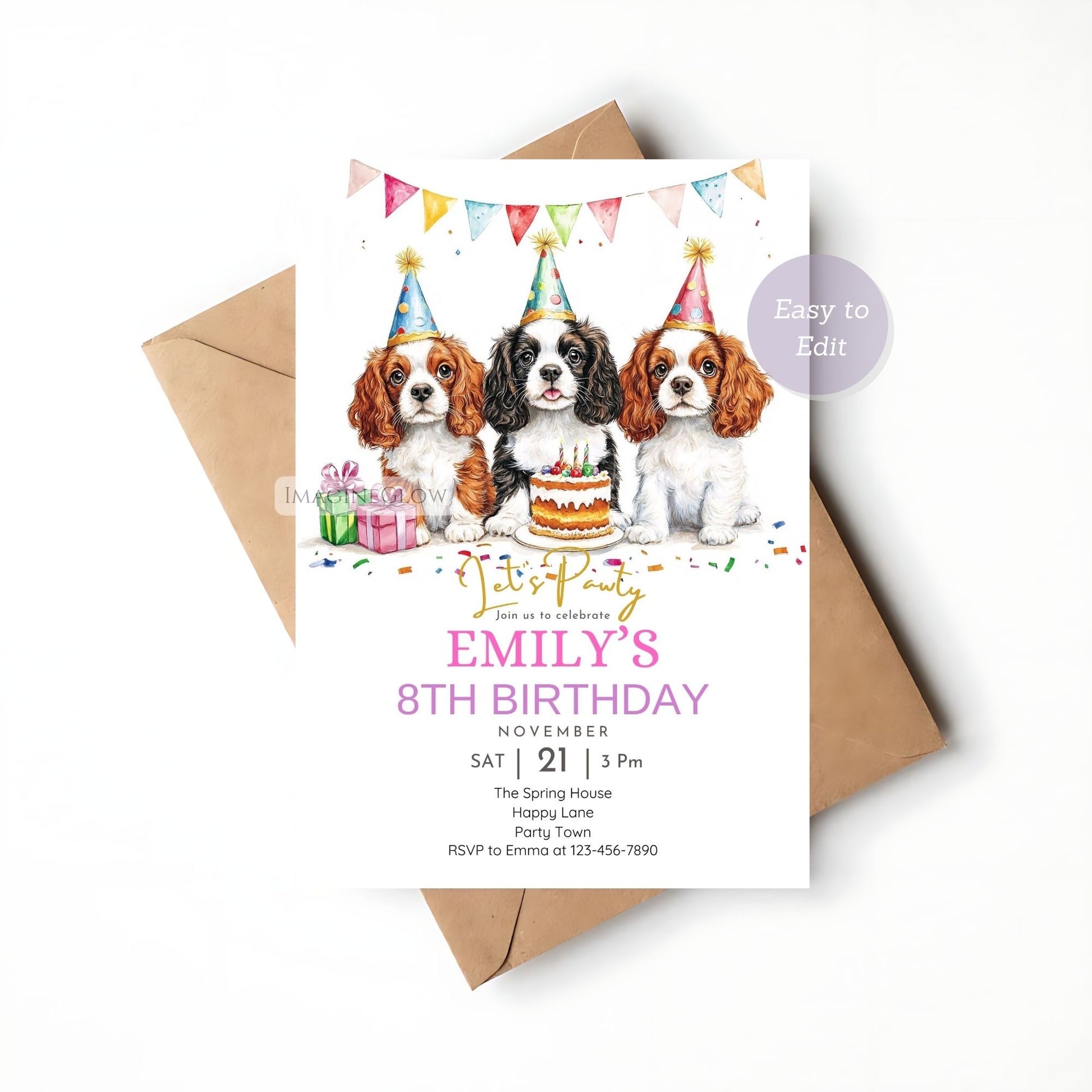 Printable dog birthday invite featuring King Charles Spaniel.