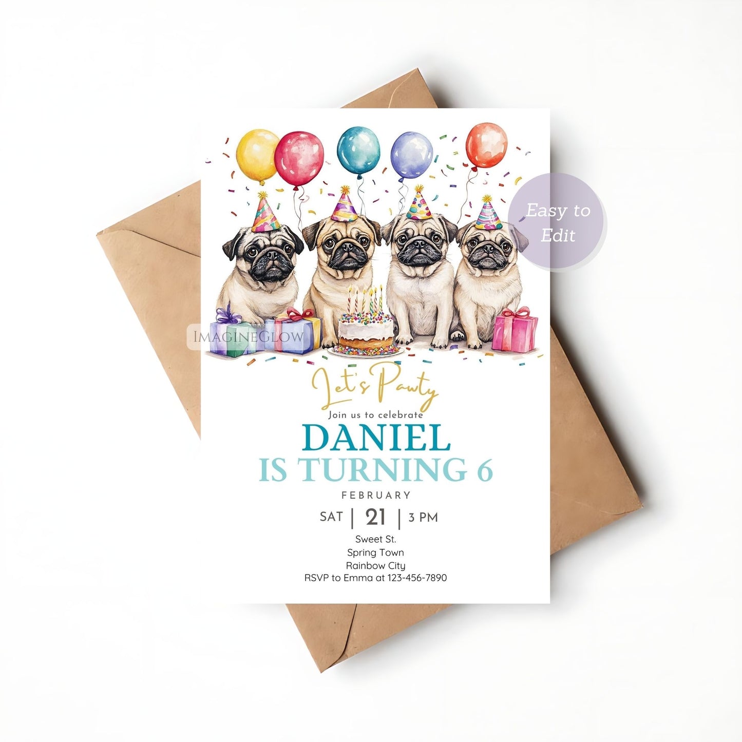 Editable dog birthday invitation template.
Digital pug birthday party invitation.