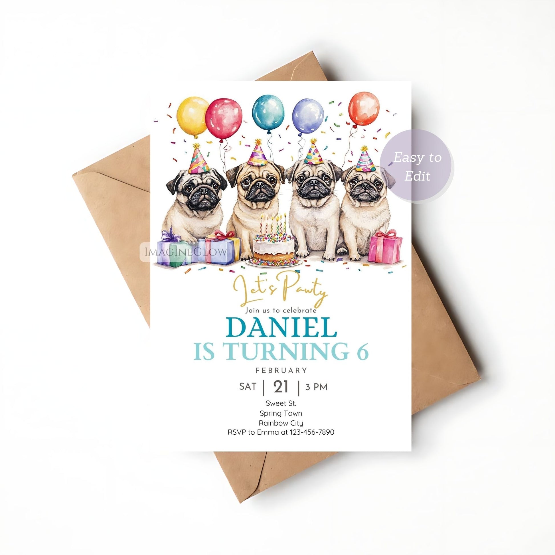 Editable dog birthday invitation template.
Digital pug birthday party invitation.