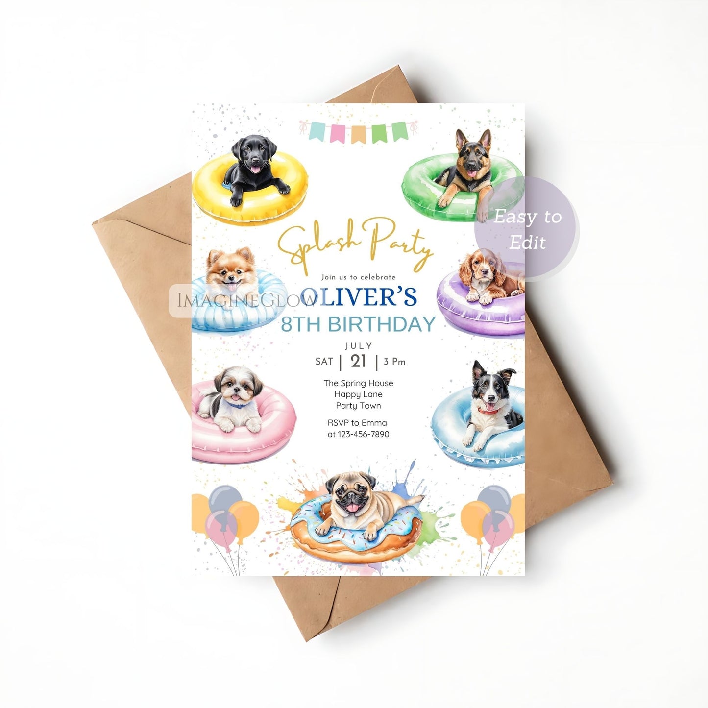 puppy pool party birthday invitation
summer dog birthday invite