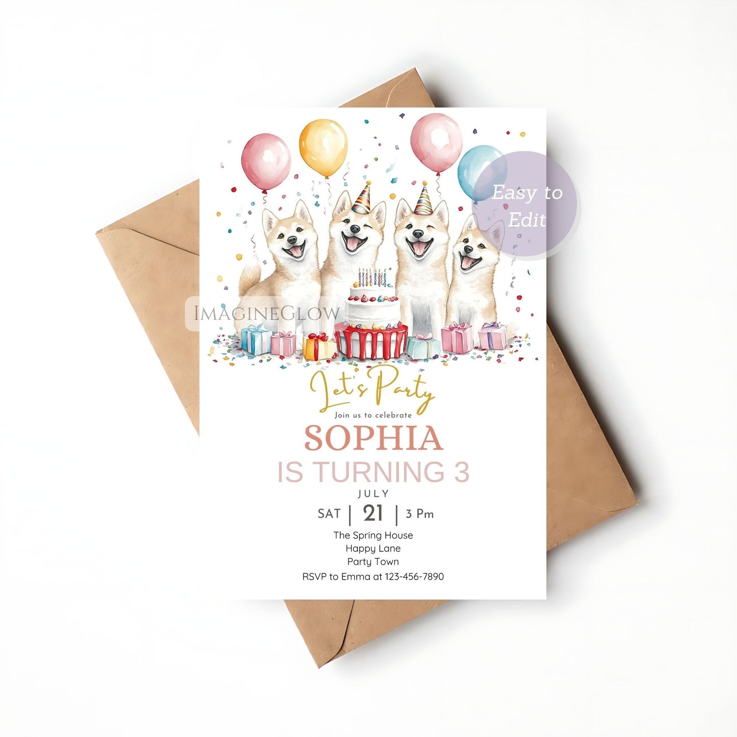 Akita puppy birthday party invitation editable