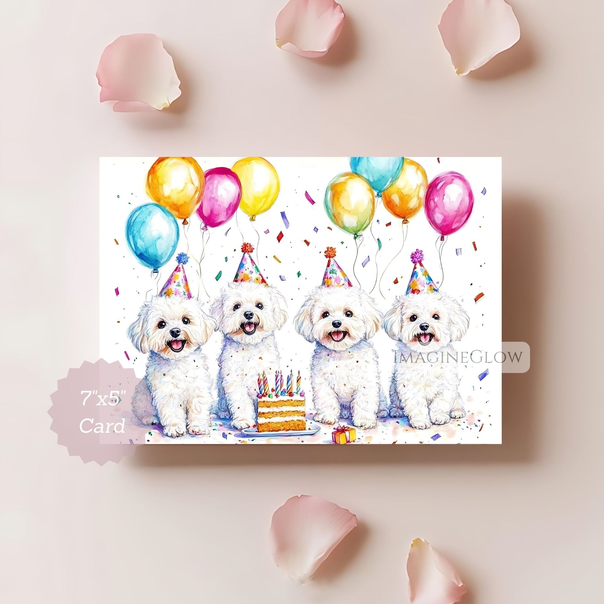 Birthday card with four dogs wearing party hats and balloons on a light pink background.
