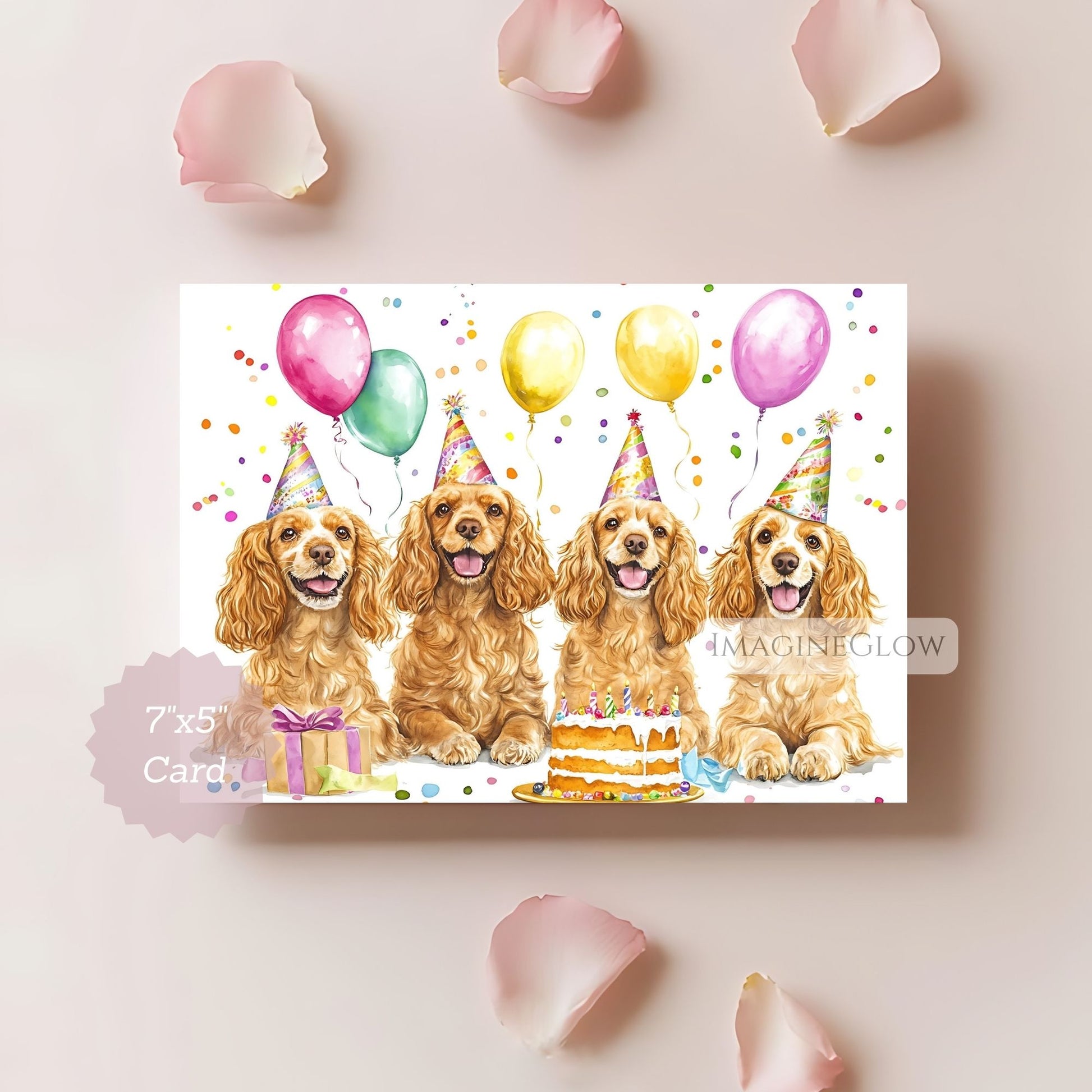 Card with four dogs wearing party hats and balloons
