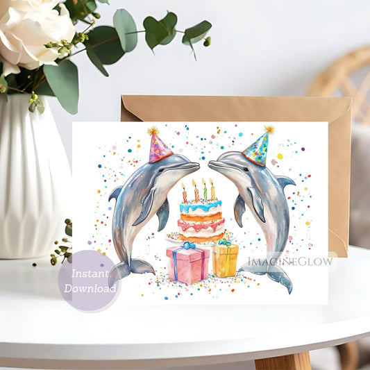 Birthday card with two dolphins, a cake, and presents on a white background.