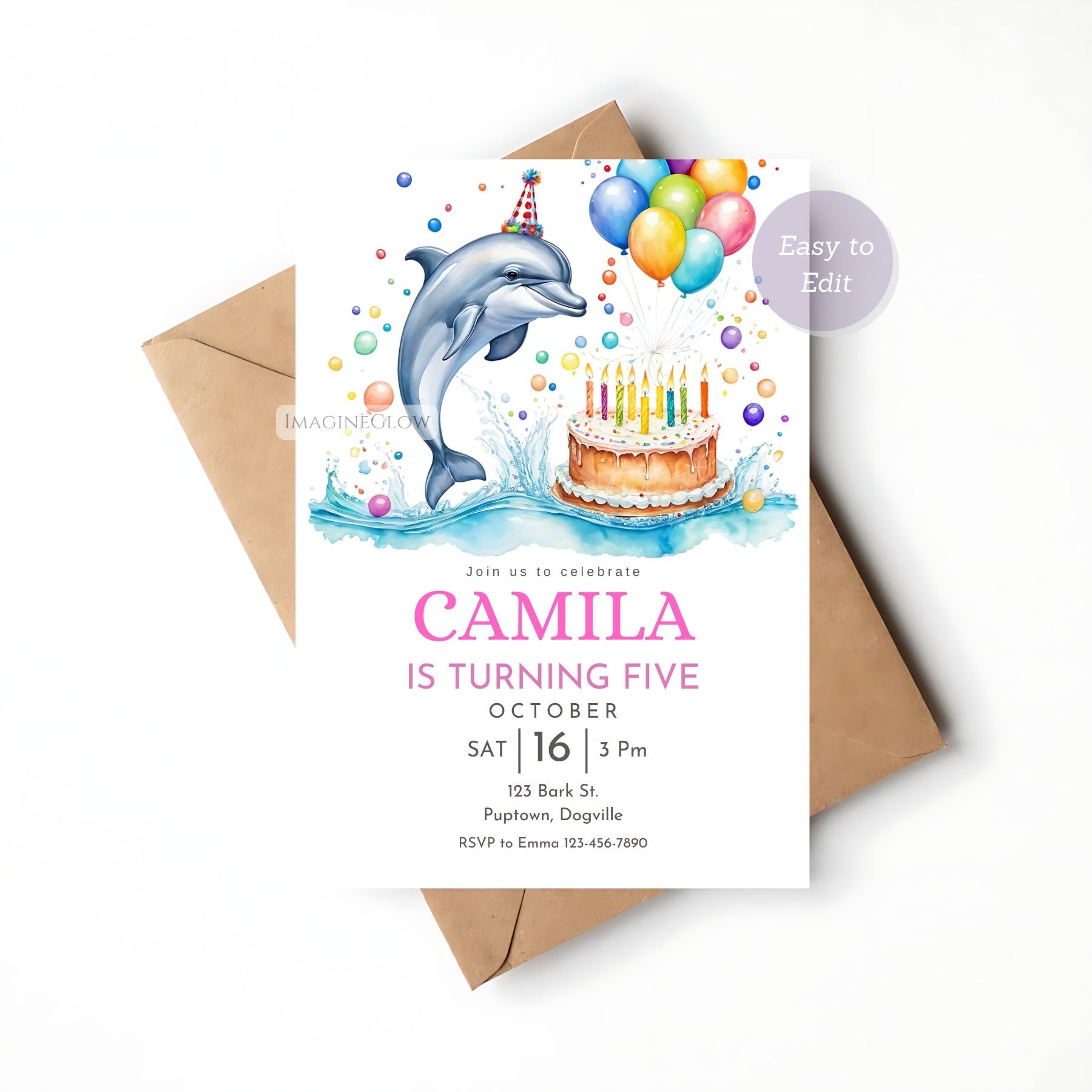 Ocean-themed birthday party invitation featuring dolphins