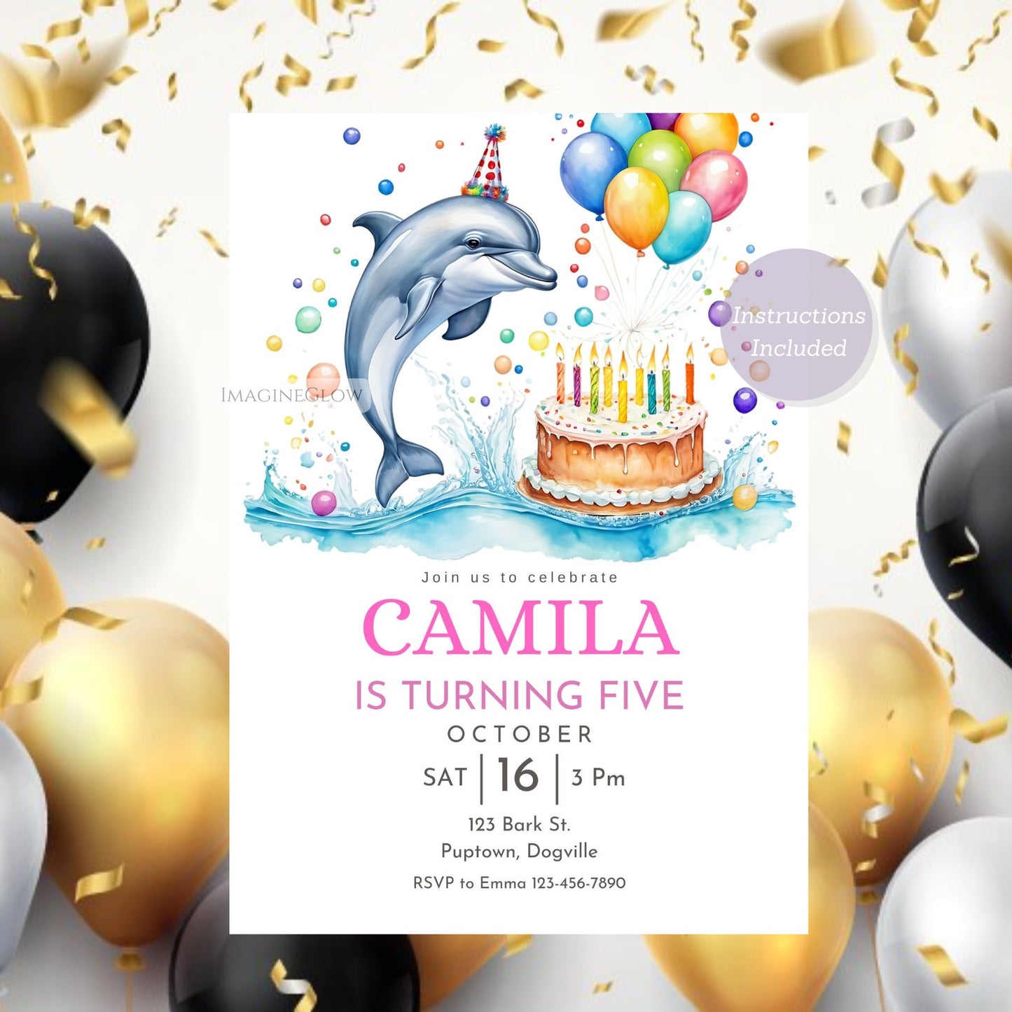 Vibrant under-the-sea birthday invite with dolphin illustration
Editable digital dolphin invitation for kids' birthday celebration