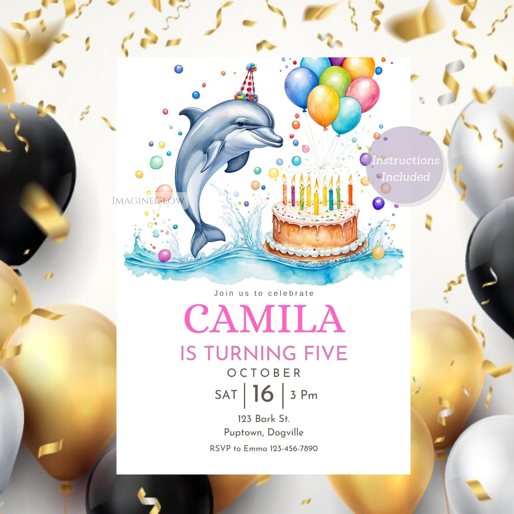 Vibrant under-the-sea birthday invite with dolphin illustration
Editable digital dolphin invitation for kids' birthday celebration