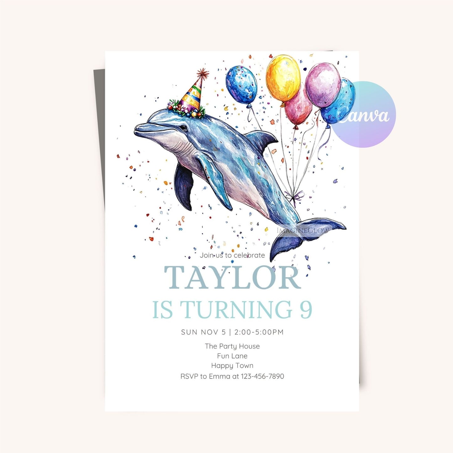 Digital dolphin birthday invitation for kids’ party