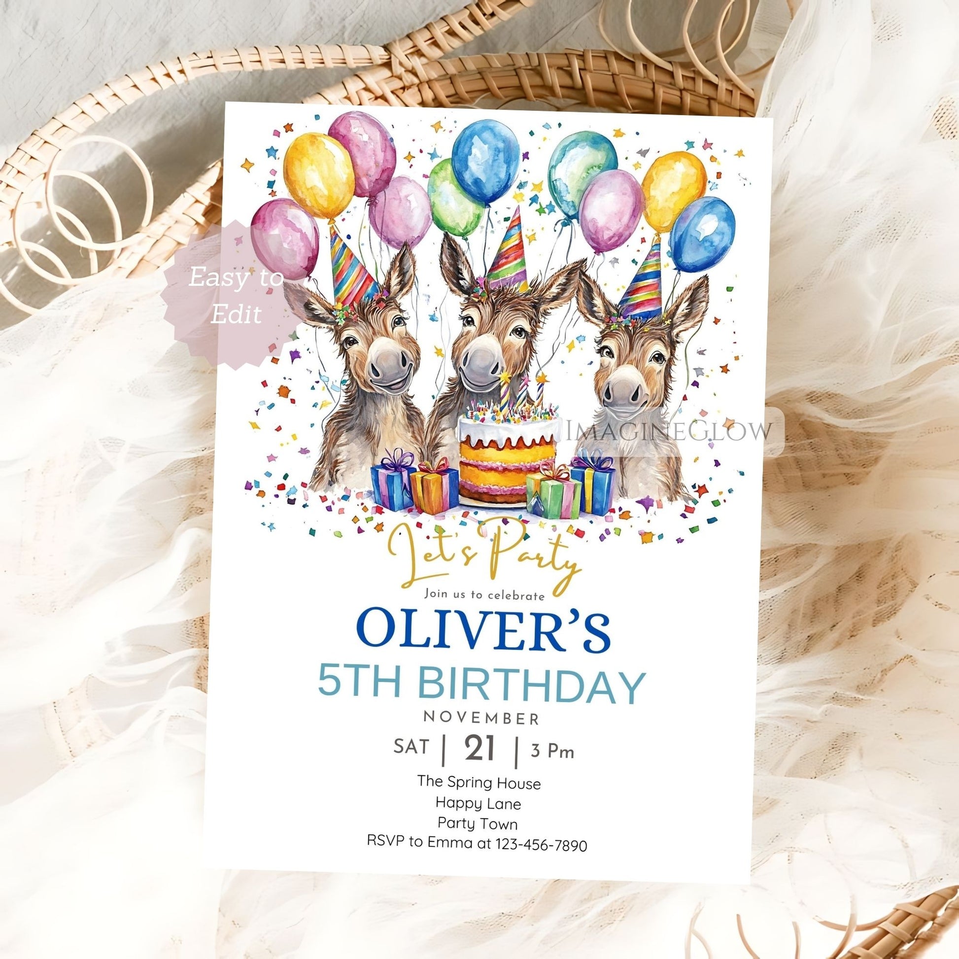 Cute donkey kids party invitation