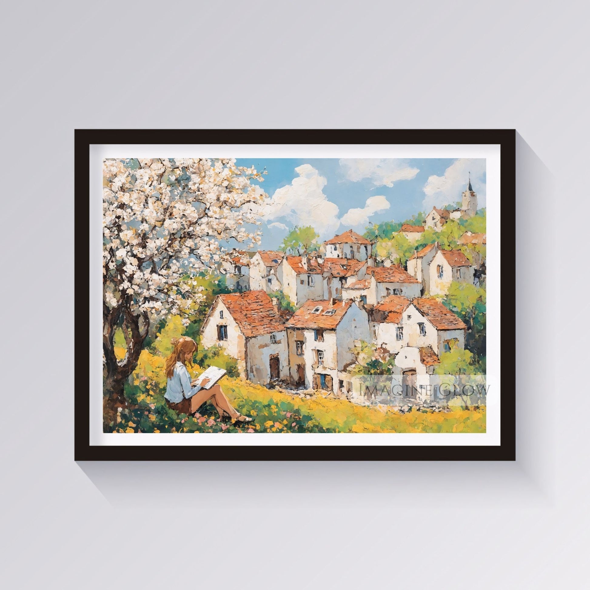 Woman reading under a cherry blossom tree in spring.