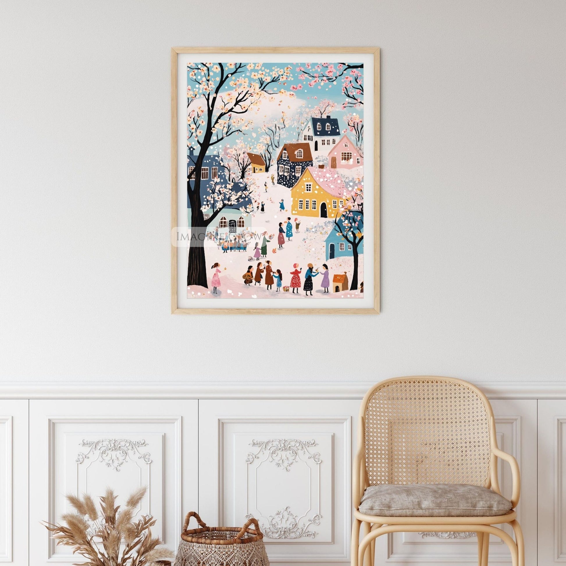 Soft pastel village artwork featuring blooming trees and a touch of snow.
