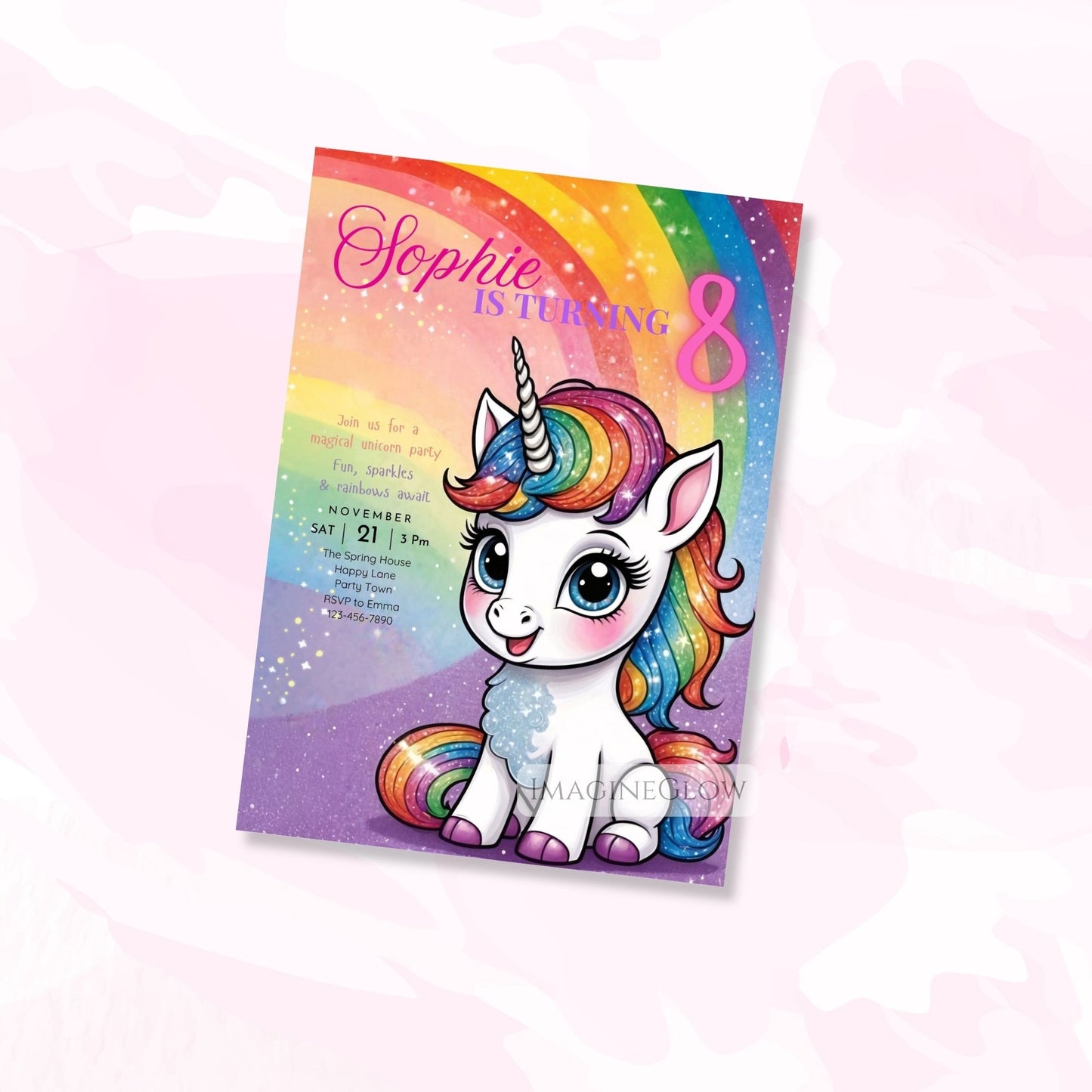 Magical unicorn party invite with glitter-like effects.