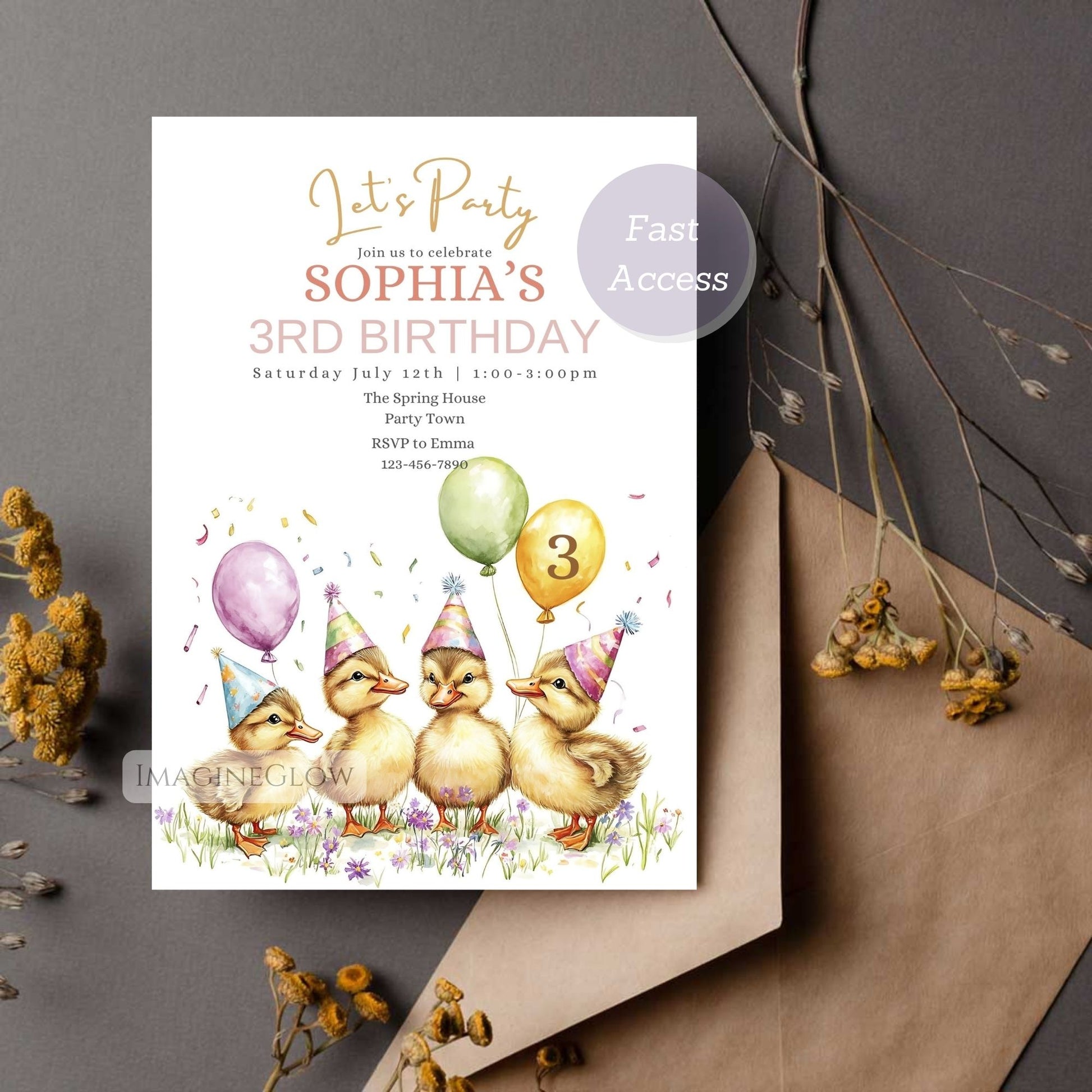 Personalized duck birthday party invitation floral design