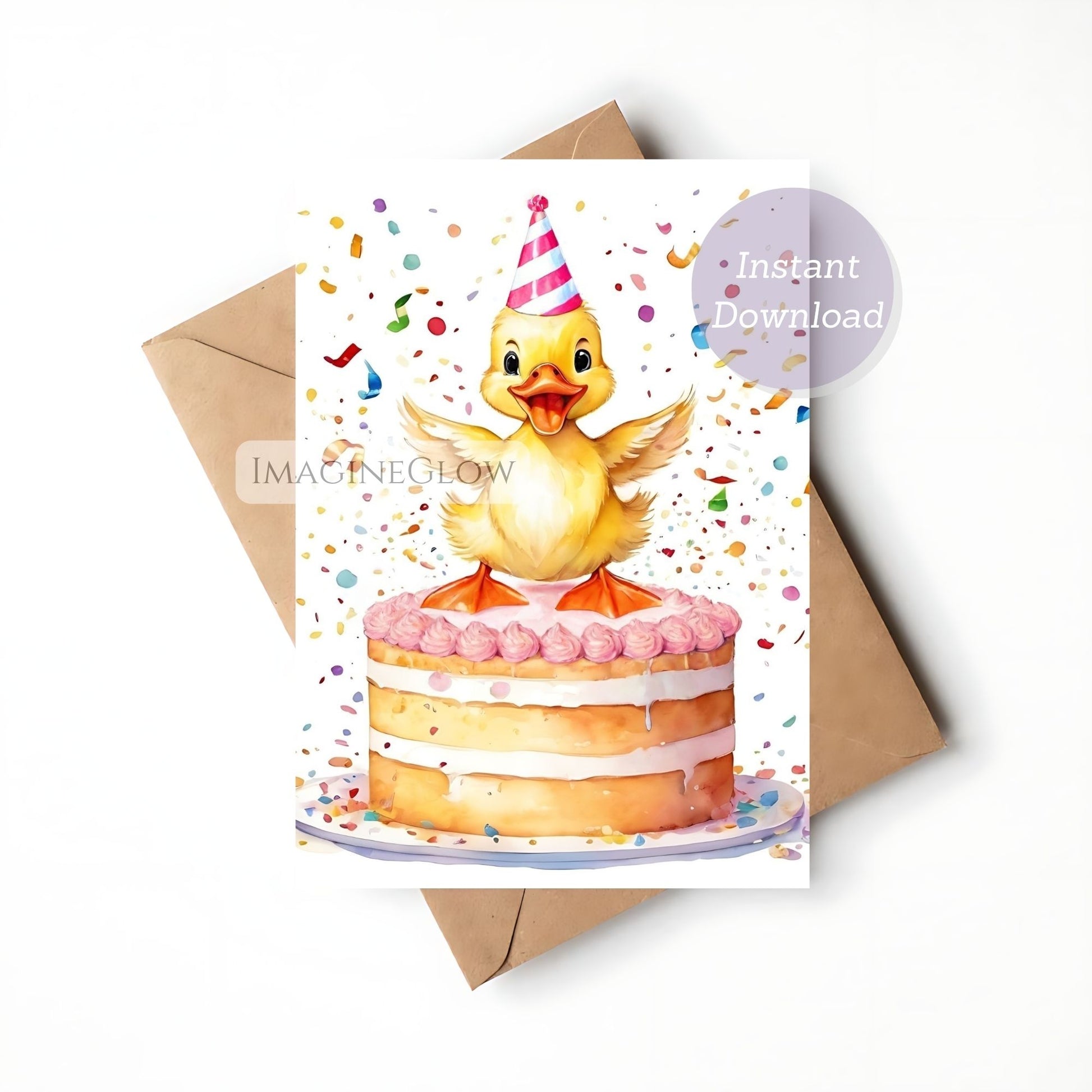 Greeting card with a duck on a birthday cake and confetti