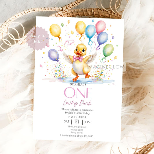 duckling first birthday invitation girl
baby girl duck 1st birthday invite
