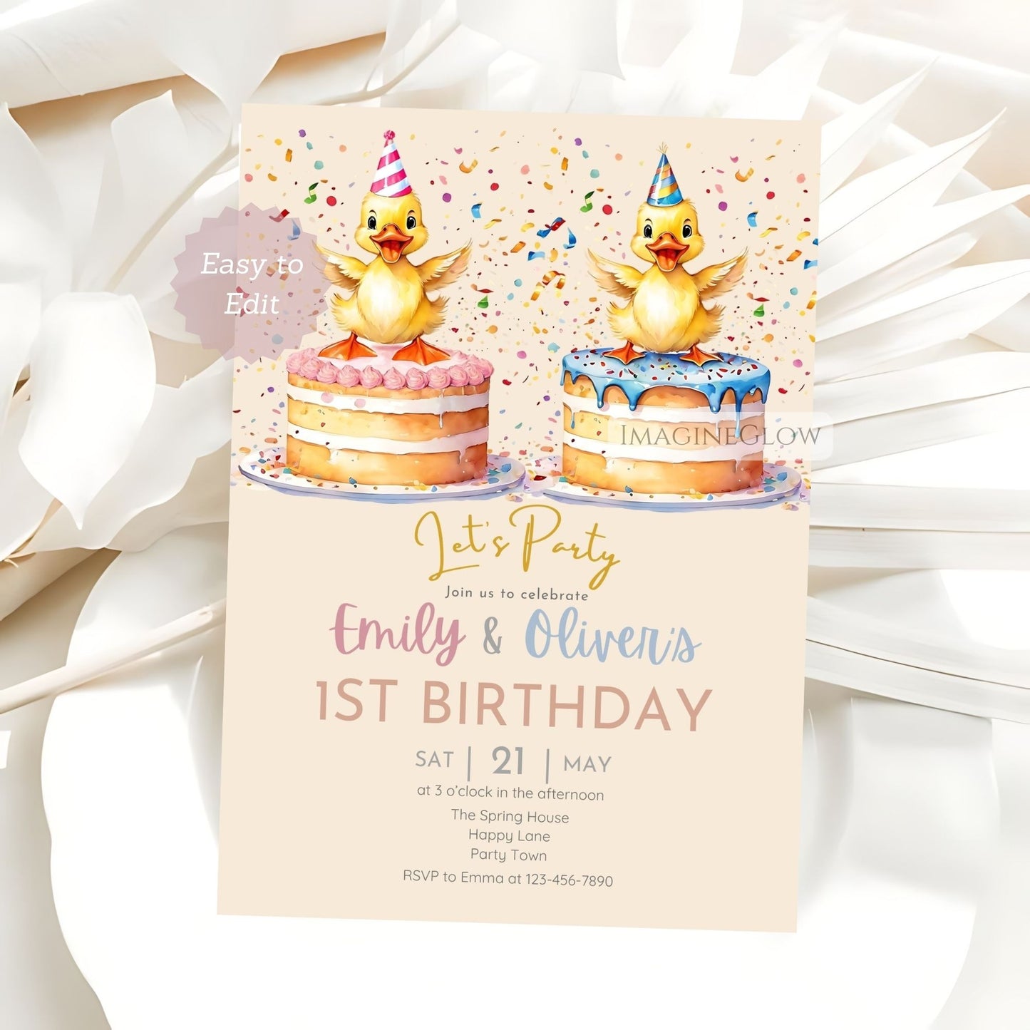 twin boy and girl duck party invite