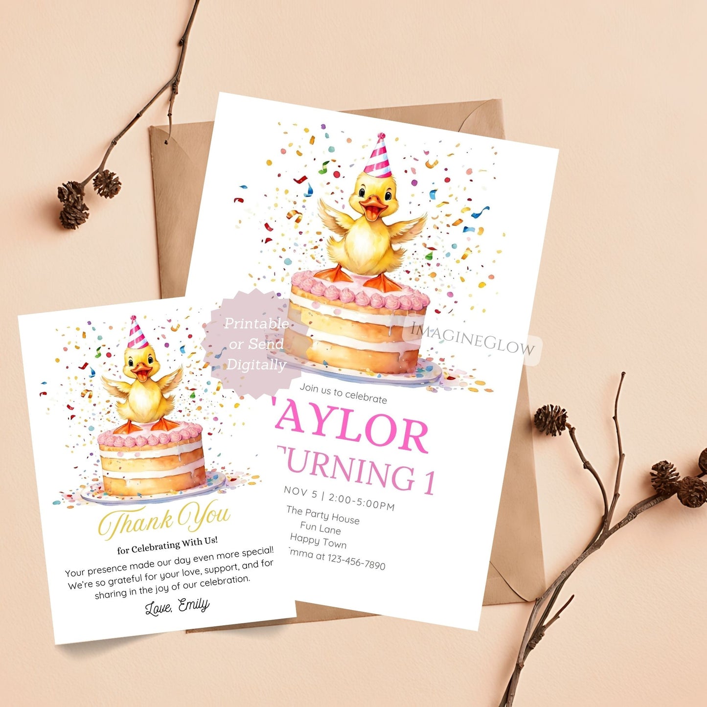 Duckling Birthday Invitation & Thank You Card - Cute Spring Party Set