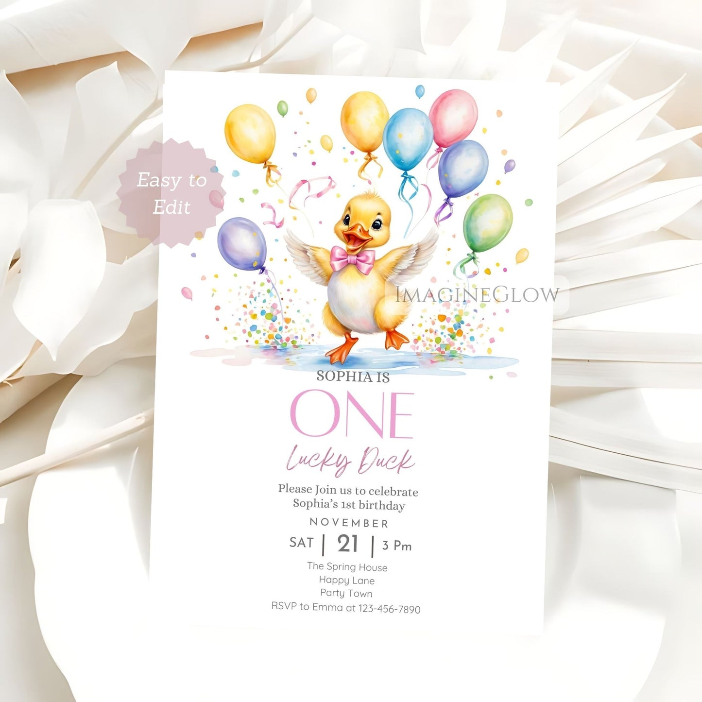 yellow duckling birthday card for girl
editable duck first birthday invitation