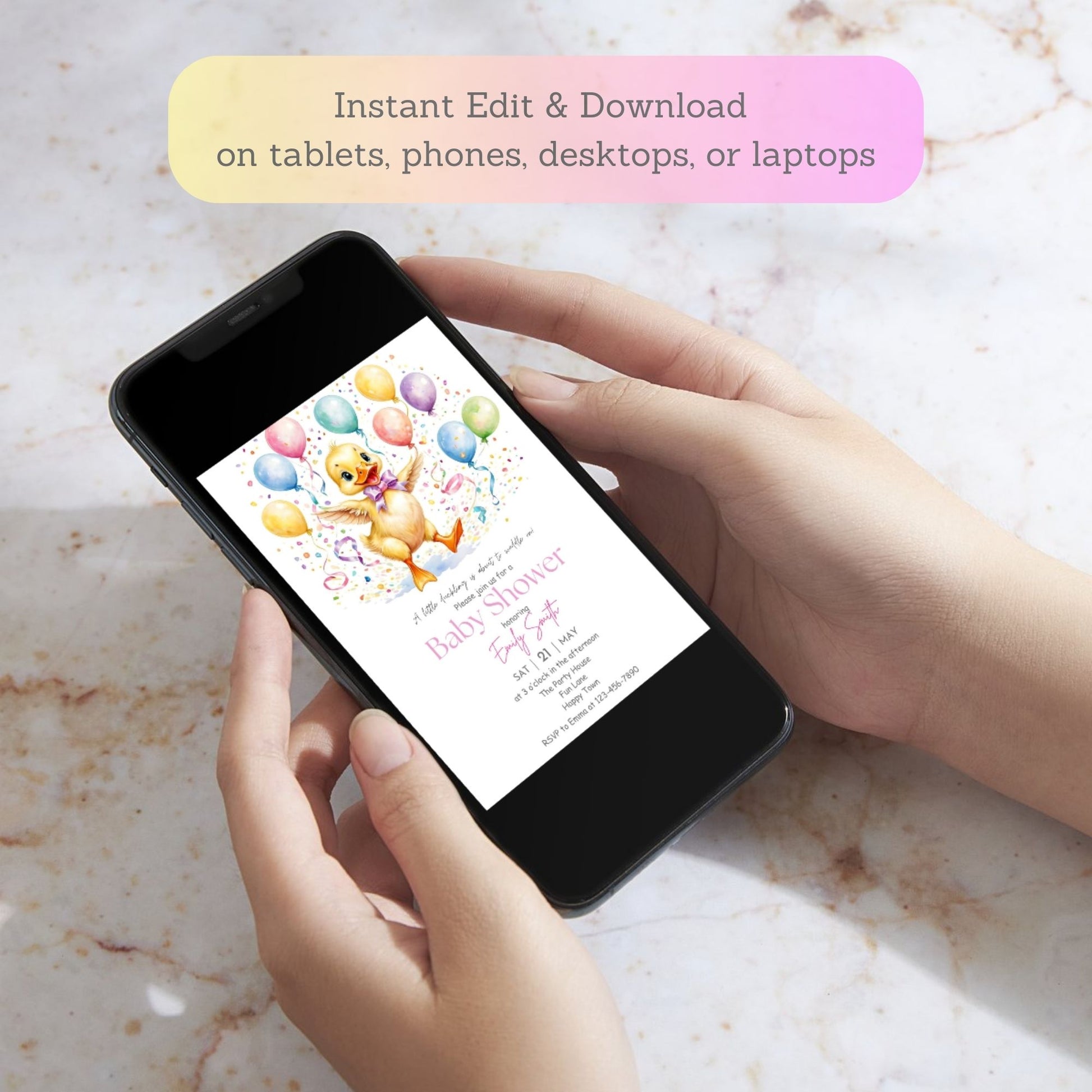 yellow balloons
cute duckling baby girl shower invitation