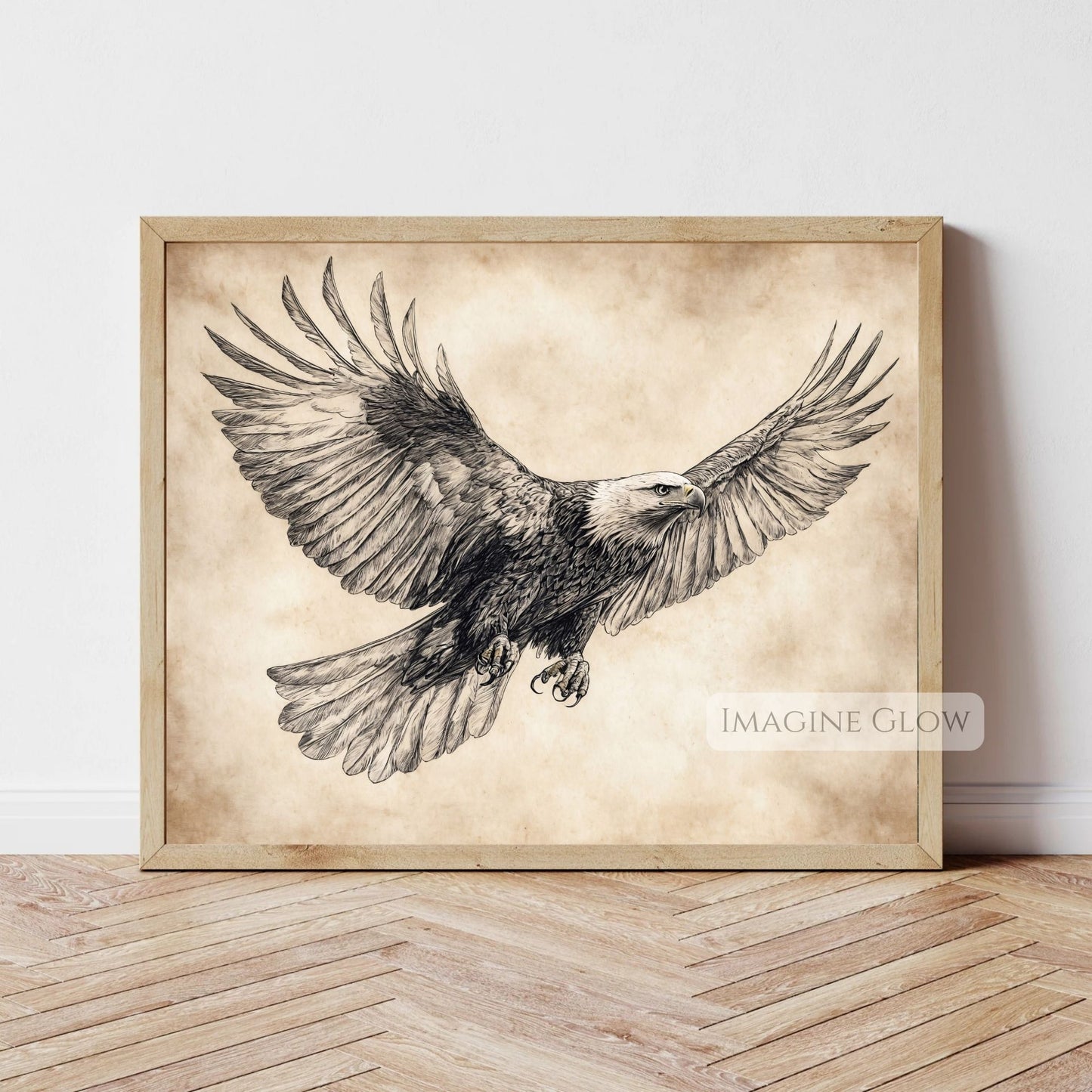 Vintage eagle sketch drawing, rustic home decor bird of prey art.