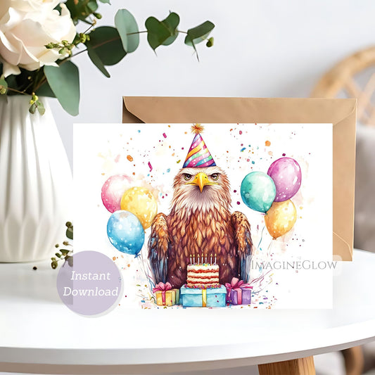 Birthday card with an eagle wearing a party hat and balloons on a white surface.