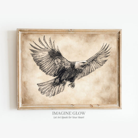 Detailed eagle sketch vintage art print, bird of prey illustration in black and white.