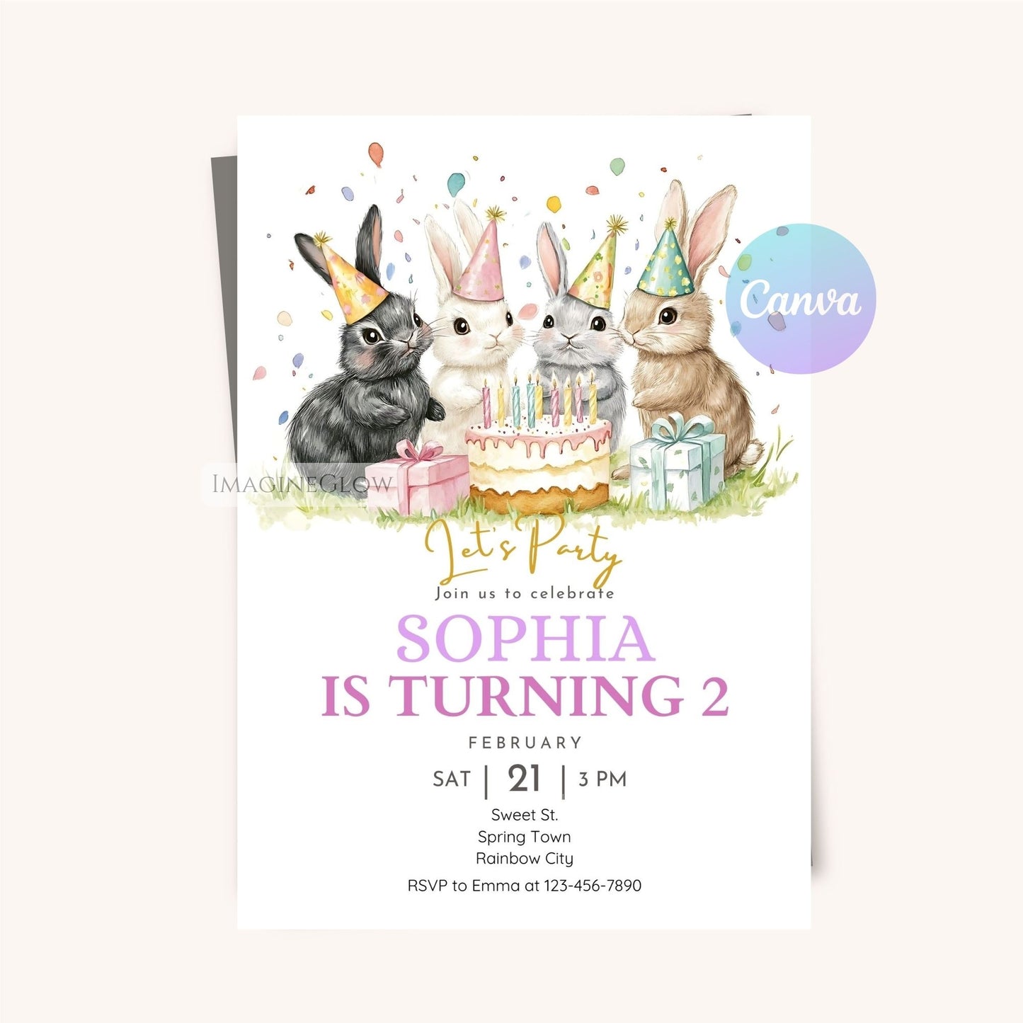 Cute Bunny Birthday Invitation - Instant Download