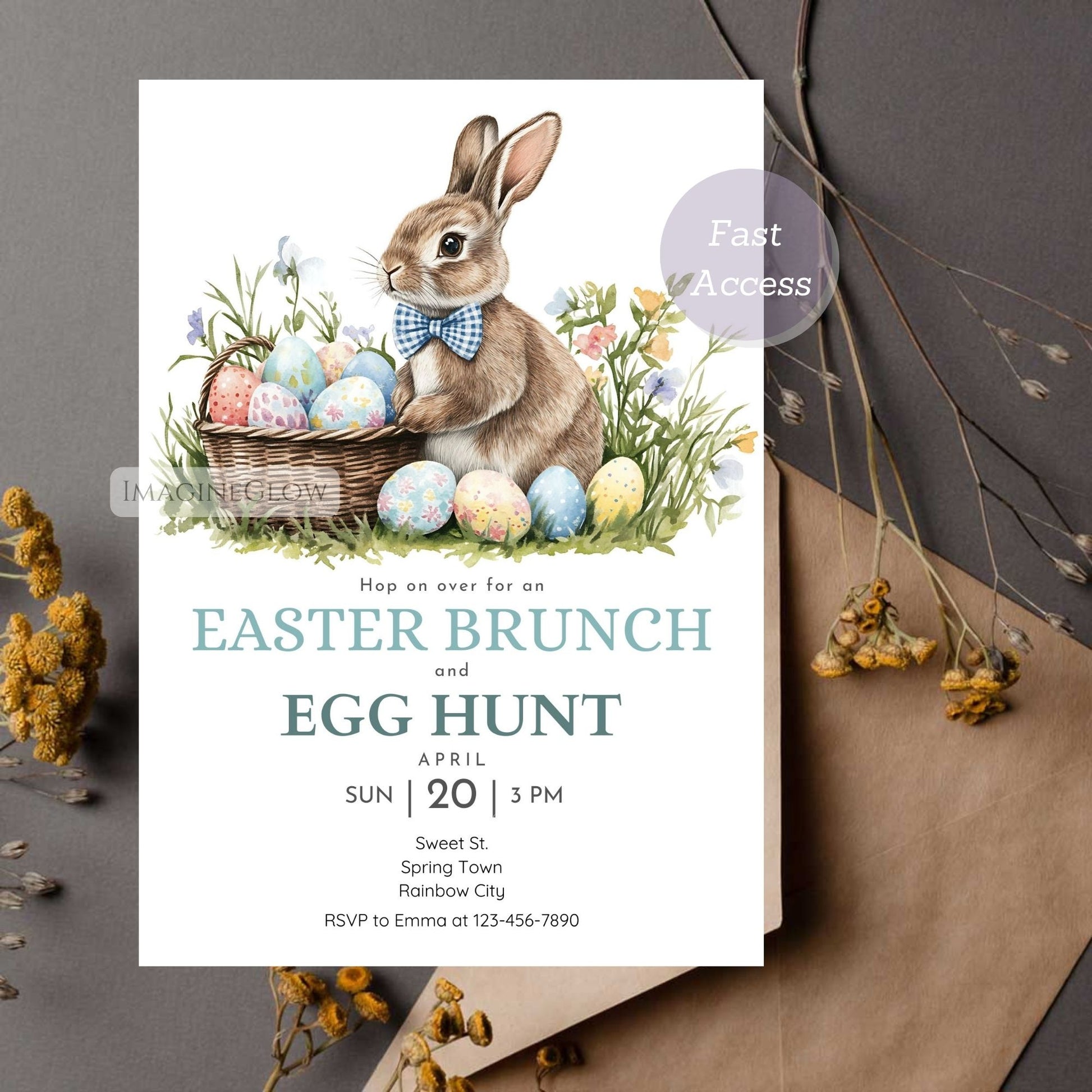 Editable Easter Bunny Invitation with Basket and Eggs
Cute Bunny with Eggs Invitation for Easter Celebration