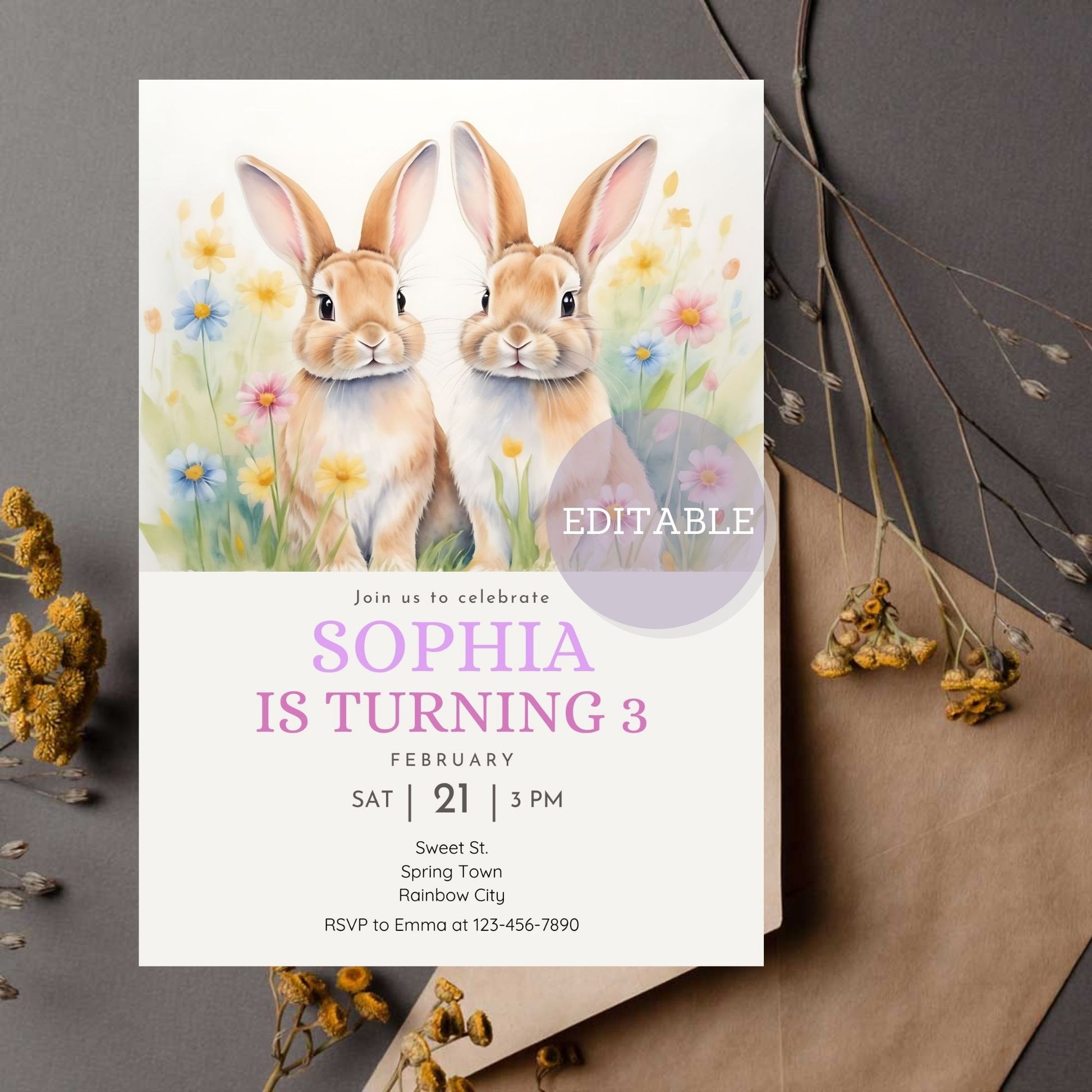 Easter bunny invitation with wildflower design