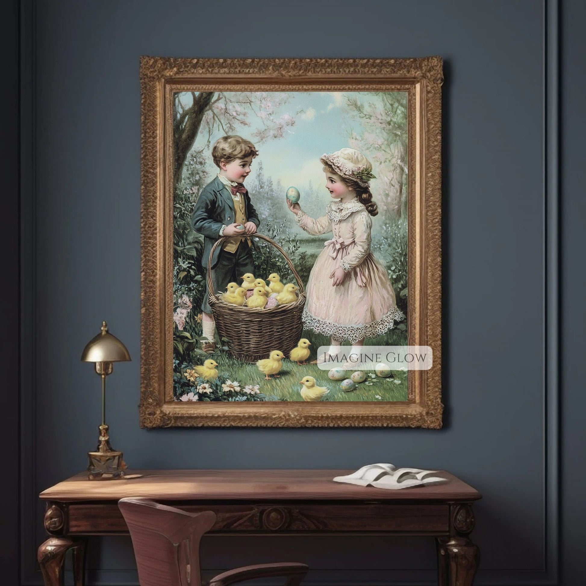 Vintage spring art with Victorian children and yellow chicks in garden.