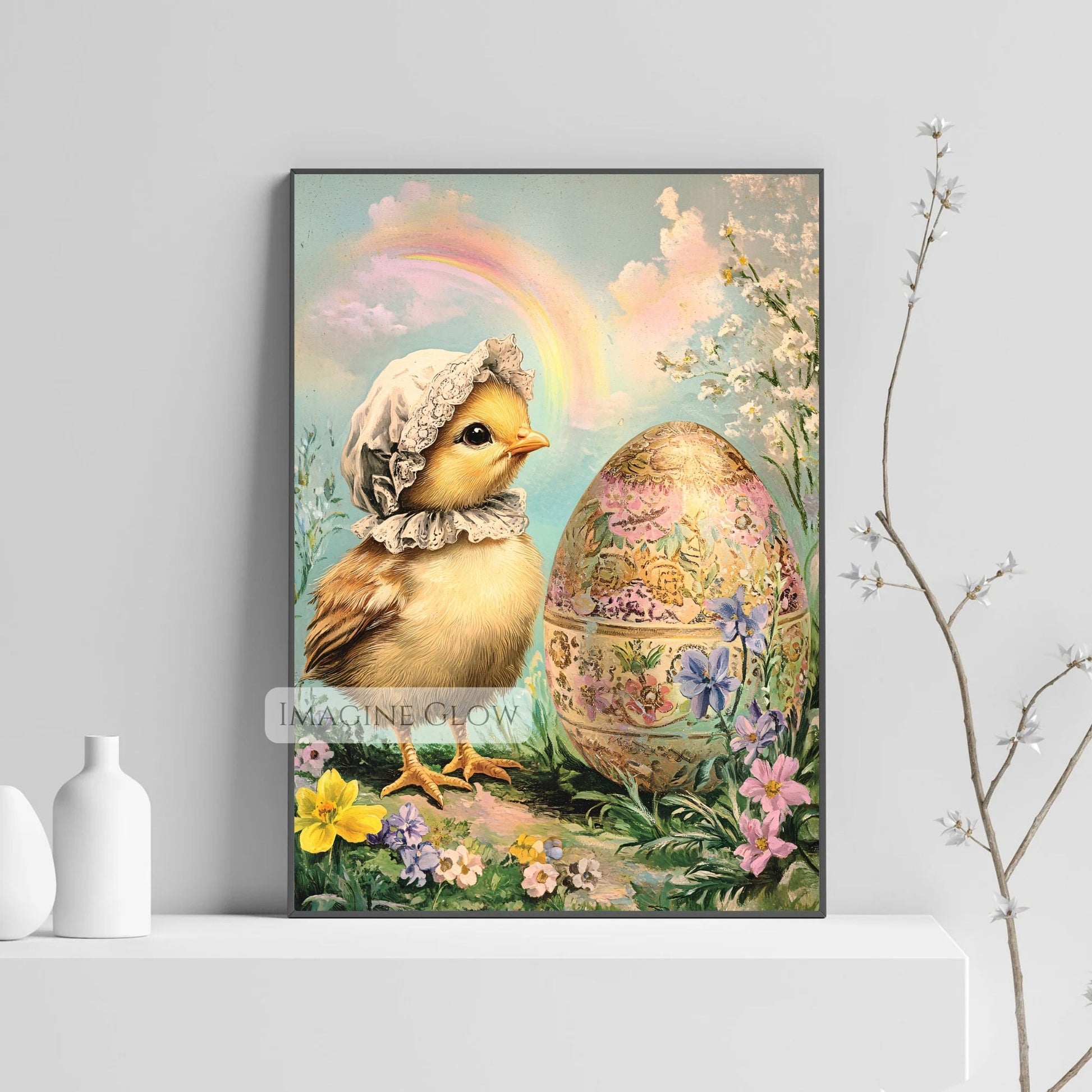 Nostalgic Easter print of a baby chick with floral accents.
