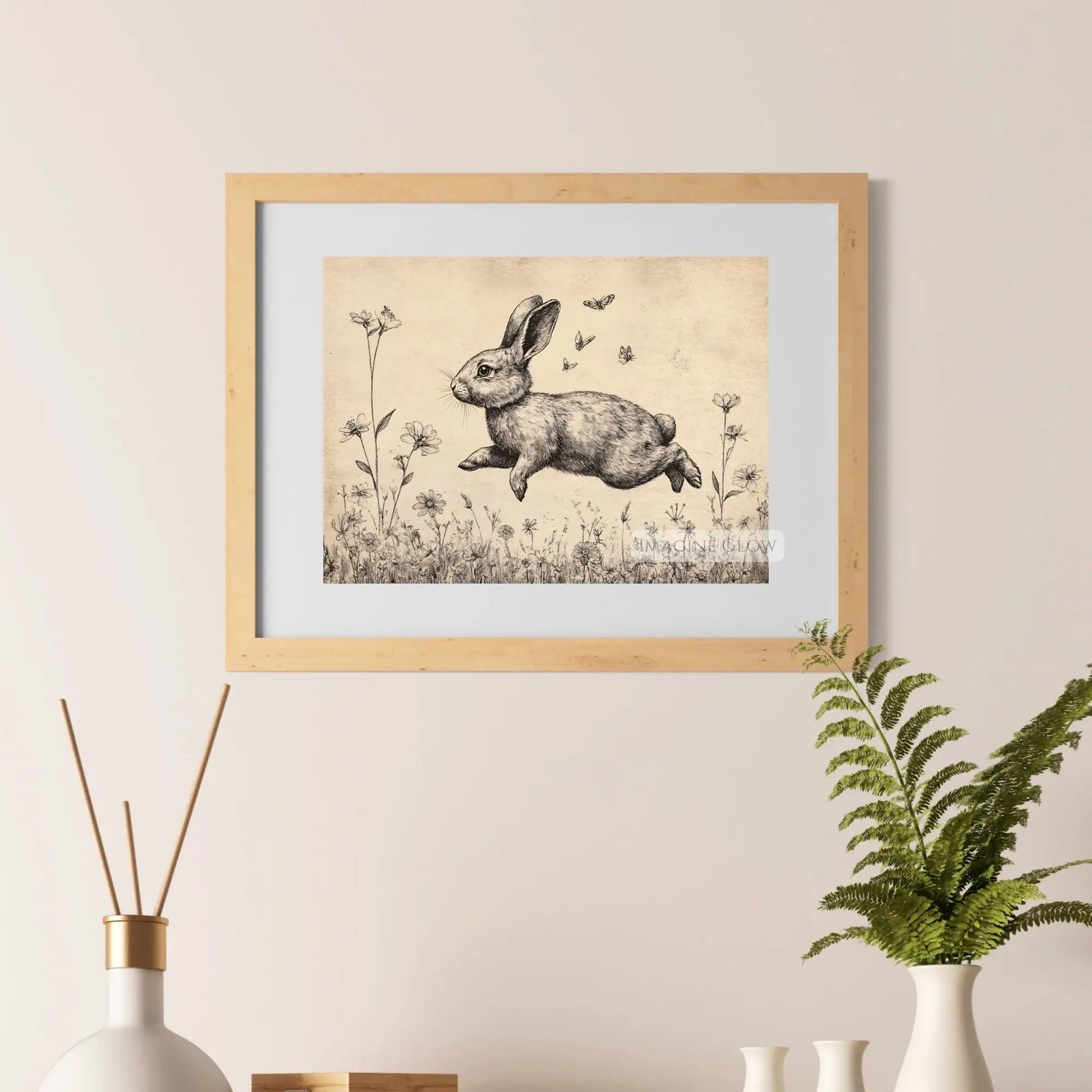 Rustic farmhouse wall art featuring a rabbit in a field.