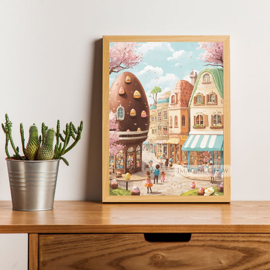 Festive Easter street artwork with flowers, candy eggs, and pastel homes