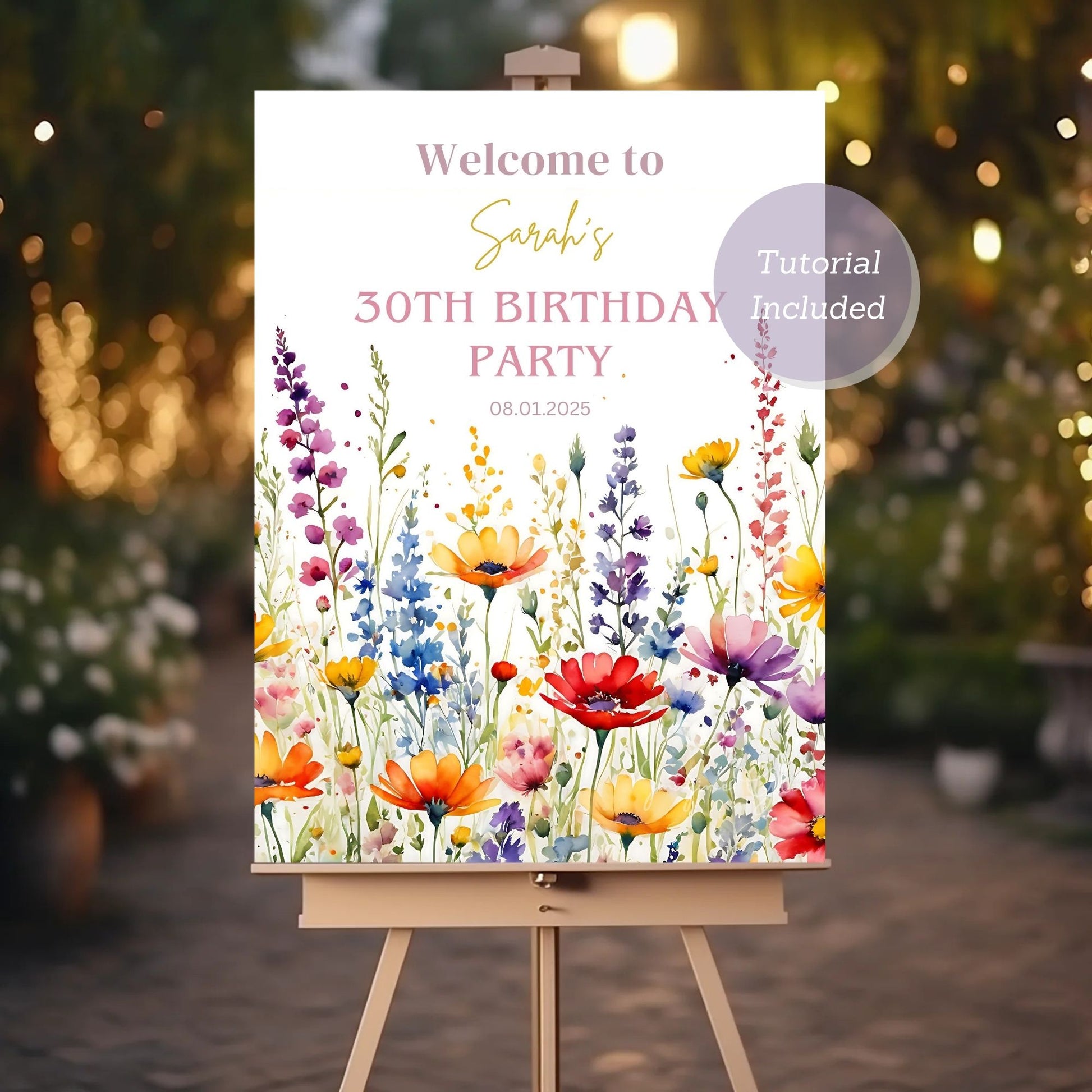 Personalized birthday milestone celebration sign with wildflowers.
Editable party poster for 30th or 40th birthday celebration.