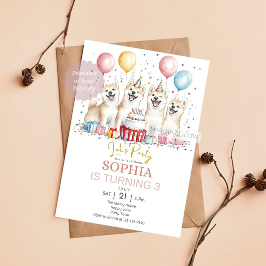 Akita birthday invitation editable in Canva