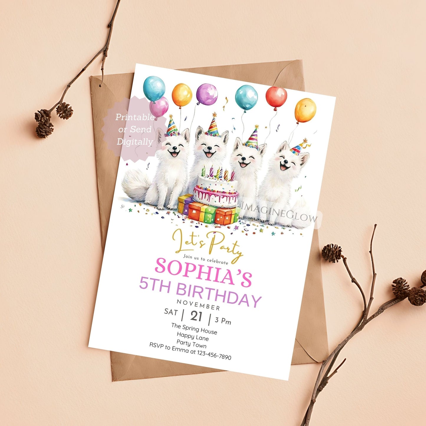 Canva template with arctic fox design
Woodland winter fox birthday invite