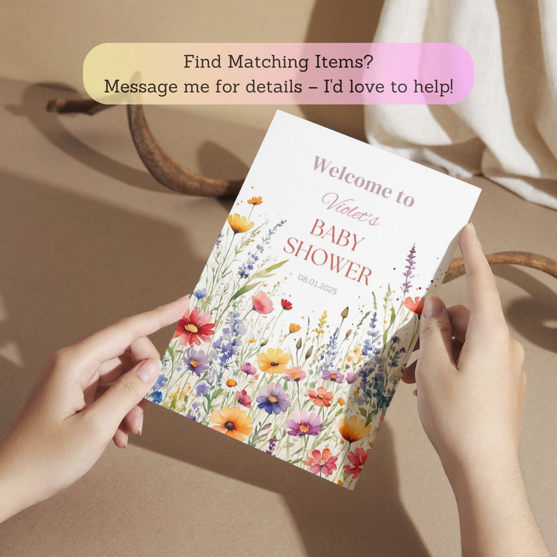 Baby shower welcome sign with pastel floral design.
Customizable floral party poster for baby shower.
Elegant baby shower decoration with Little Blossom theme.