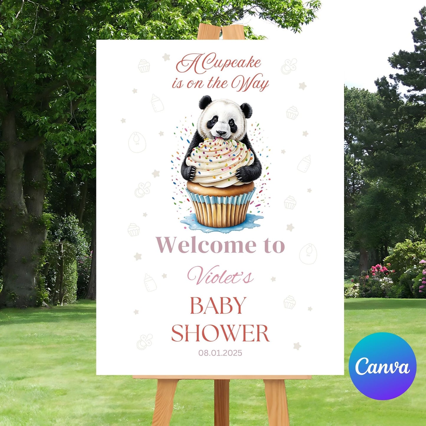 Editable baby shower poster with cupcake decor.