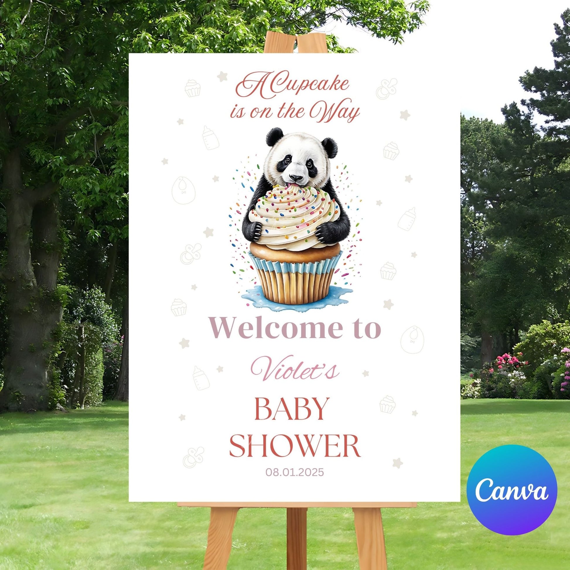 Editable baby shower poster with cupcake decor.