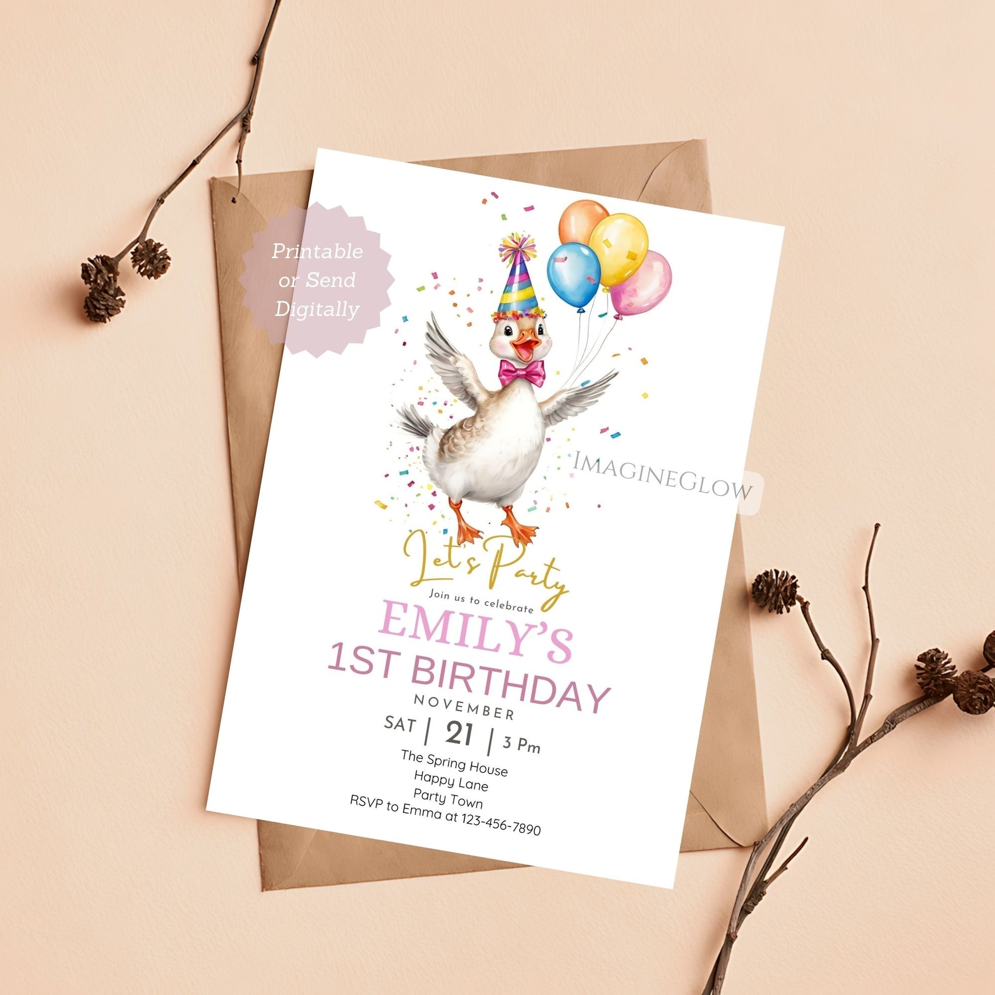 digital silly goose birthday invite girl