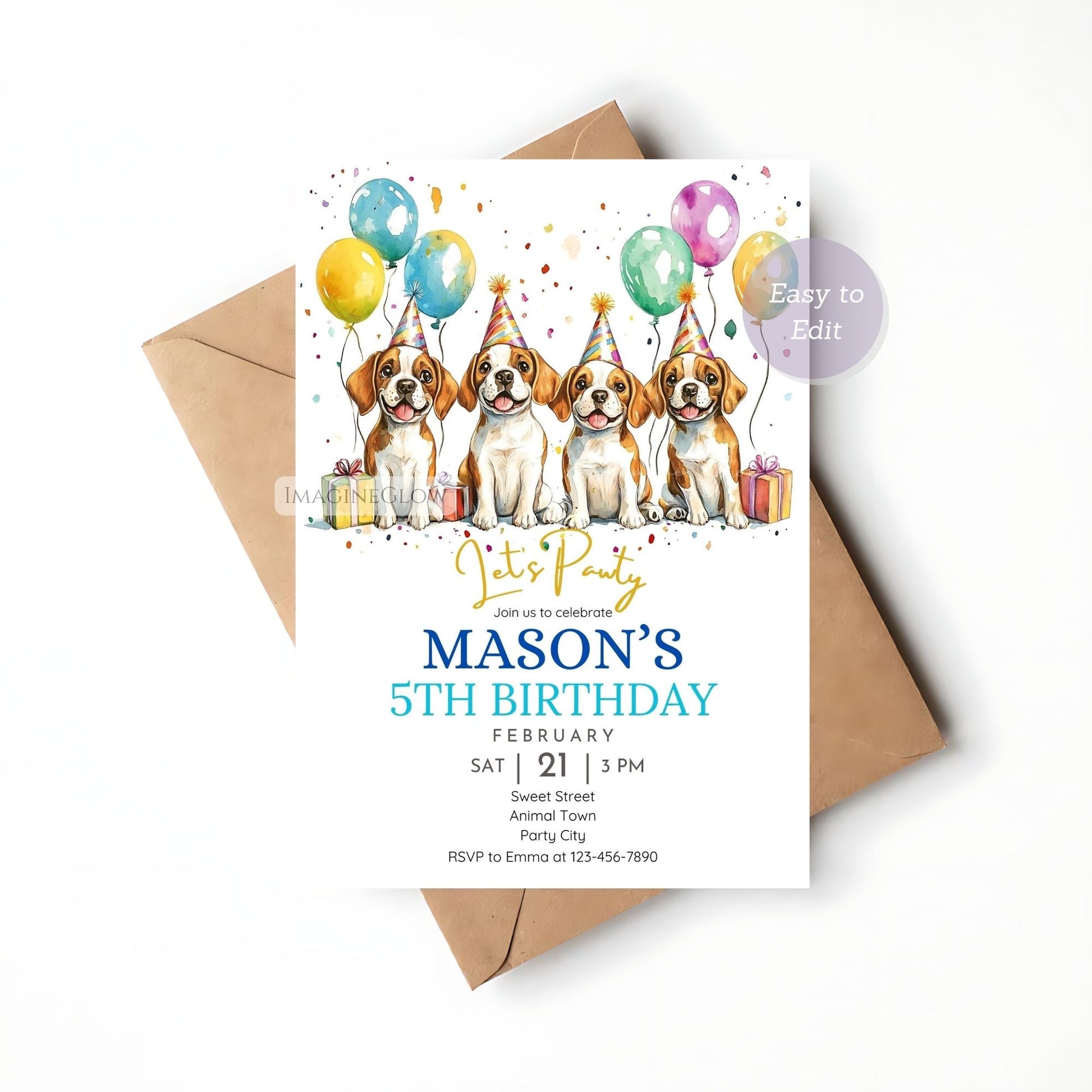 Digital Beagle birthday invitation template.