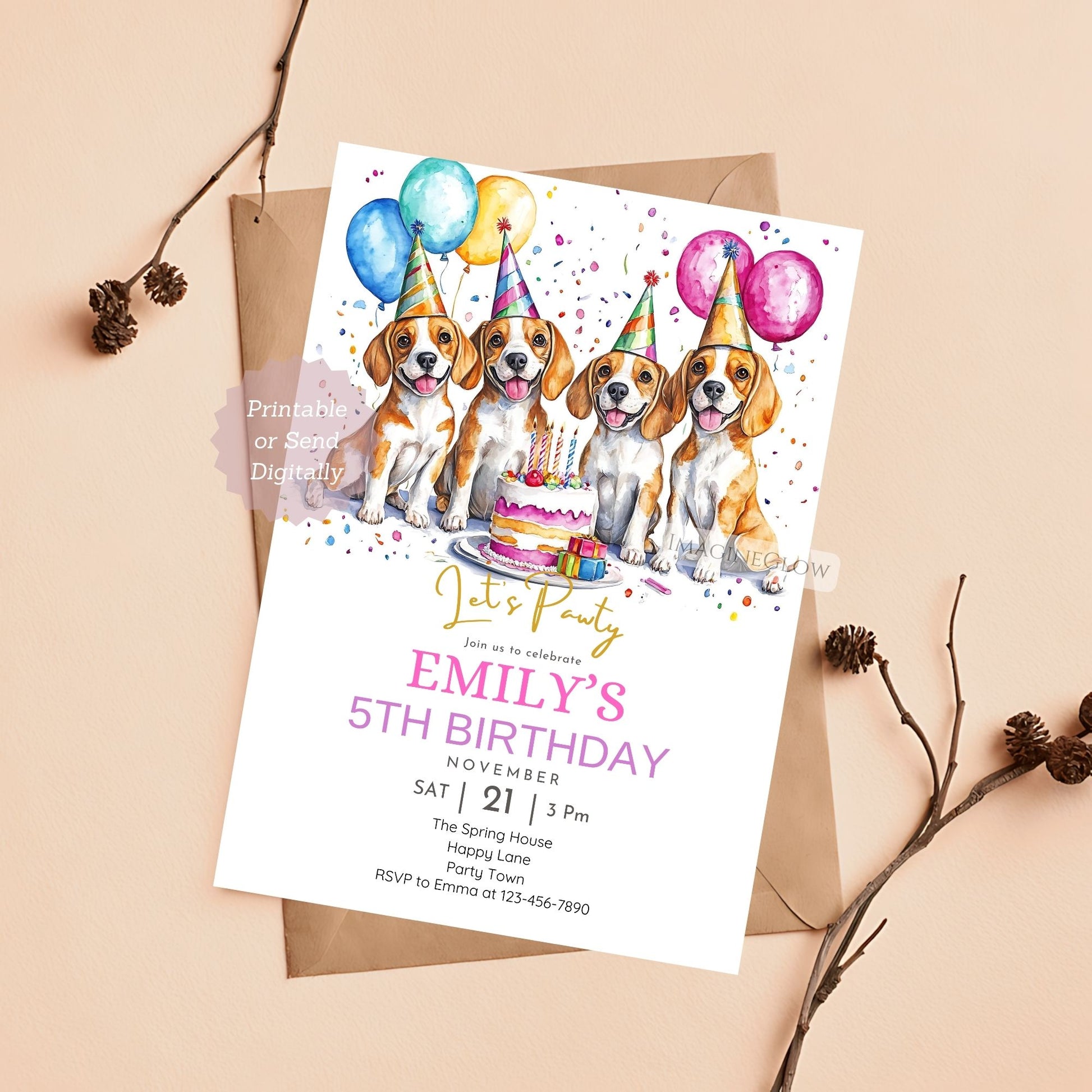 Beagle birthday invitation with four dogs.