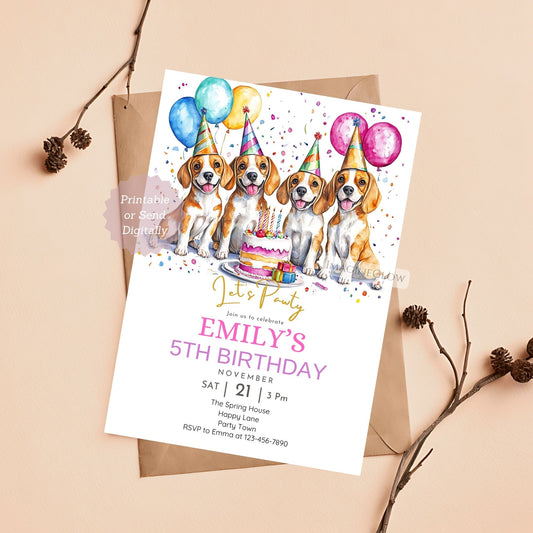 Beagle birthday invitation with four dogs.